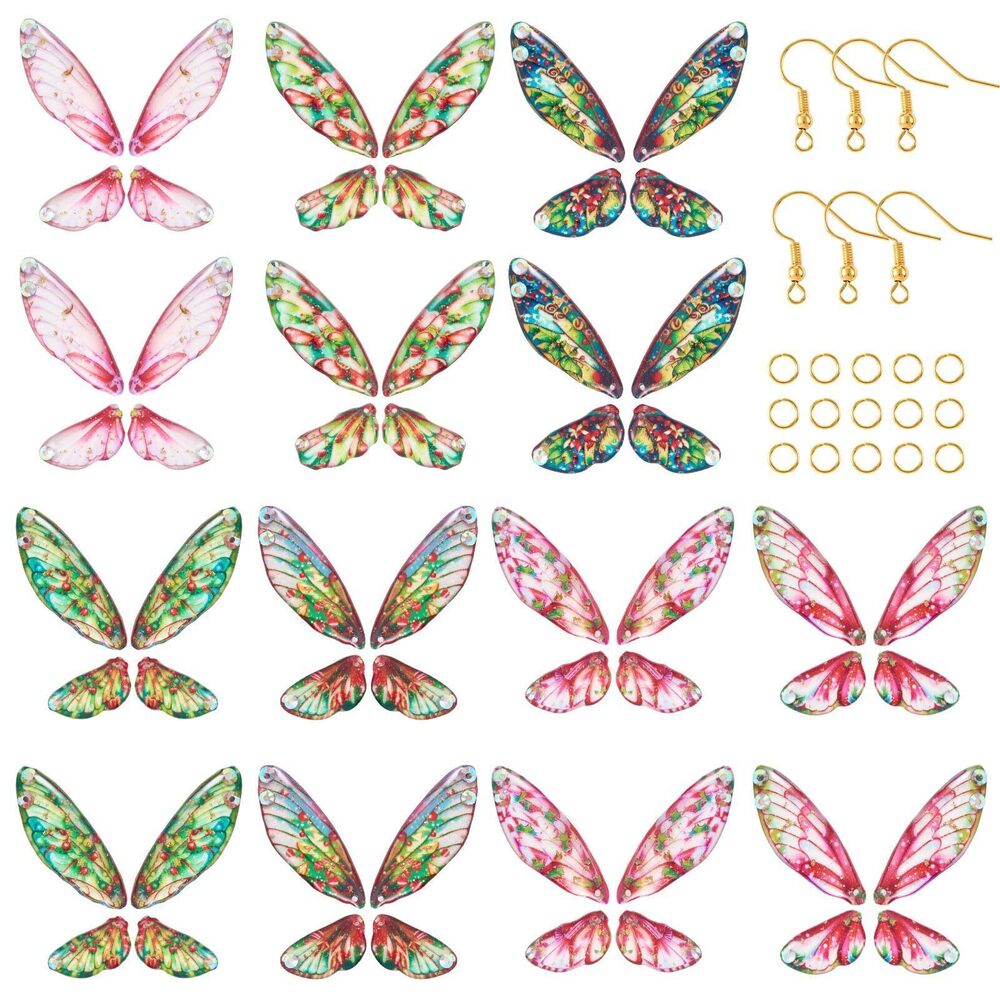 3218 28Pcs Resin Butterfly Wing Earring Charms Hot Pink Flower Print Insect